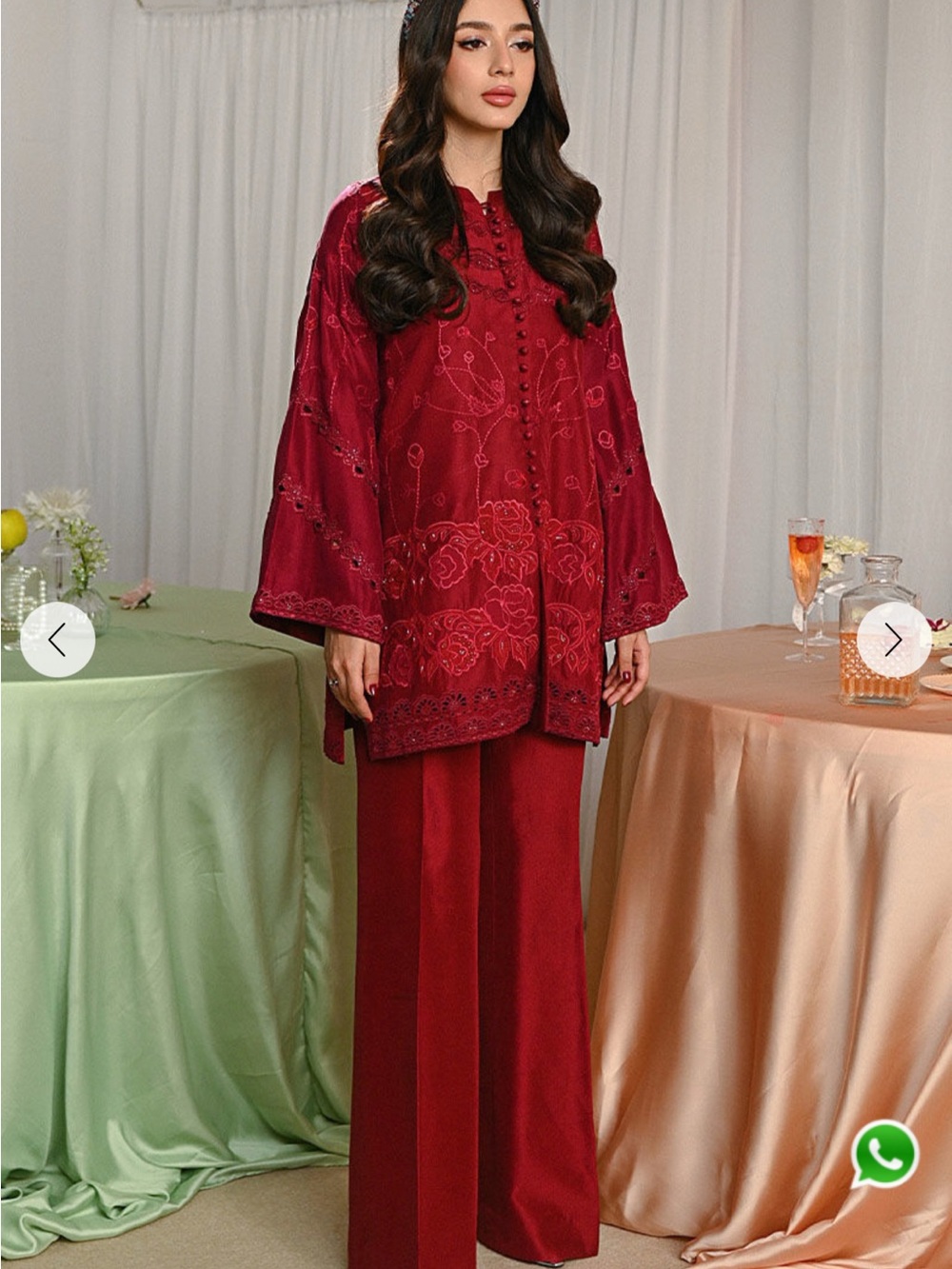 Elegant Red Embroidered Women’s Kimono & Trousers Set - Picture 3 of 5